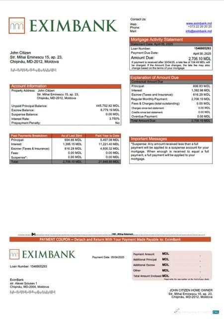 Download Moldova EximBank mortgage statement Word and PDF template Photoshop template